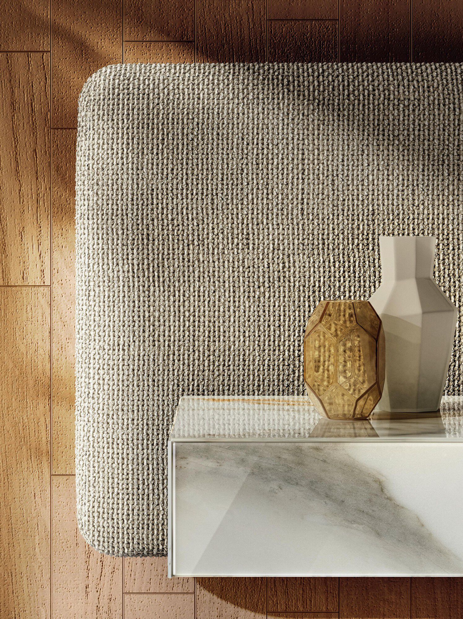 Двуспальная кровать из ткани и стекла со встроенными тумбочками Lago FLUTTUA FREE - 1657 ARCH-00123330 - Вид №1