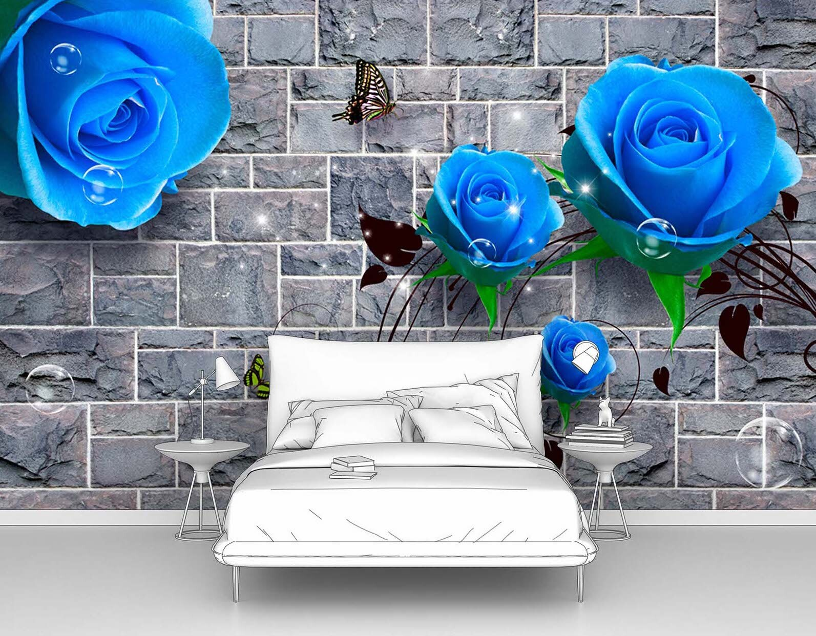 91014246 Фотообои флизелиновые 300х190 см Каменная стена с синими розами pw95648-3 STLM-0441730 ПЕРВОЕ АТЕЛЬЕ