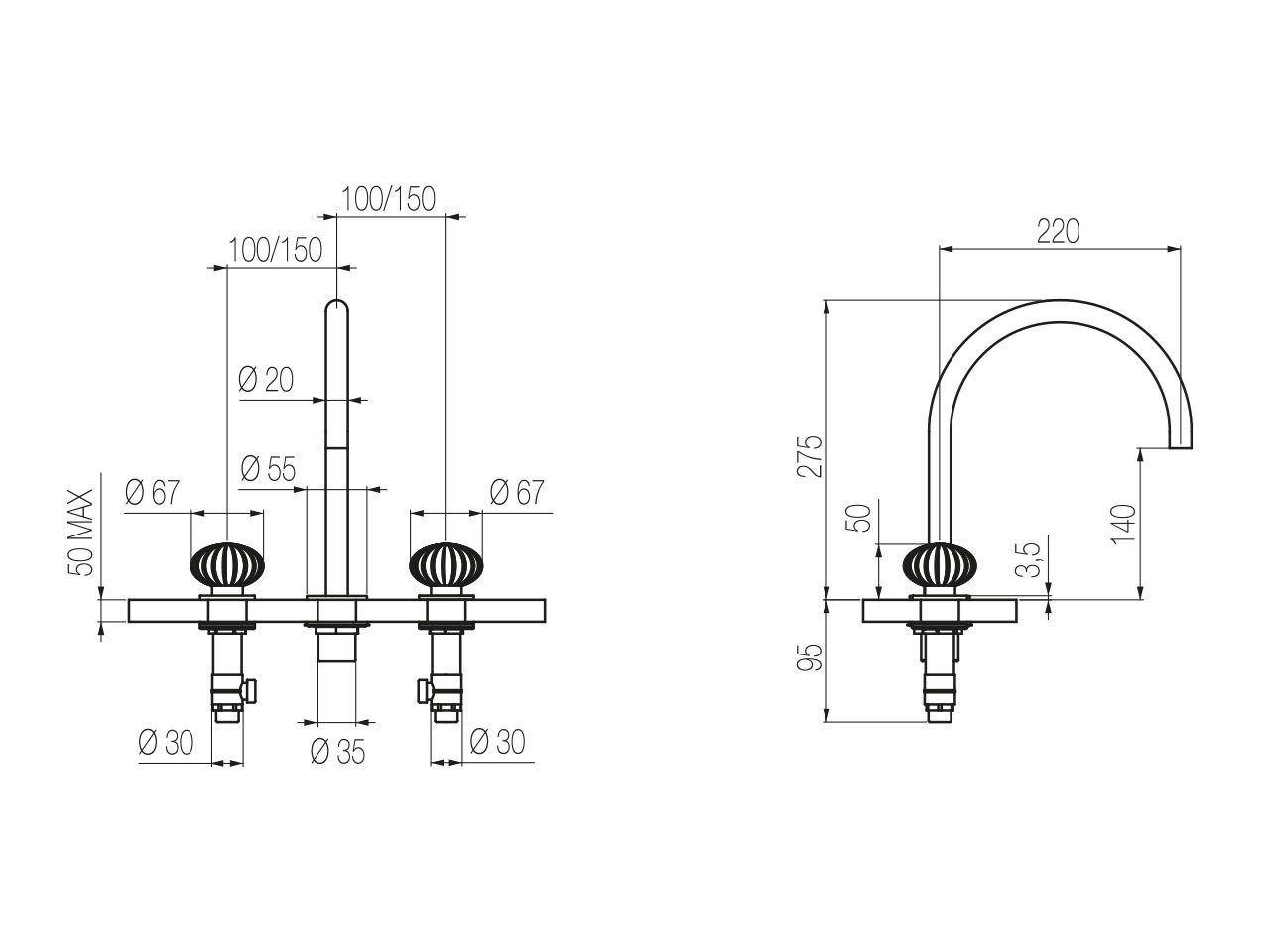 Смеситель для раковины с 3 отверстиями из нержавеющей стали без слива Radomonte Dorin ARCH-00107570 - Вид №9