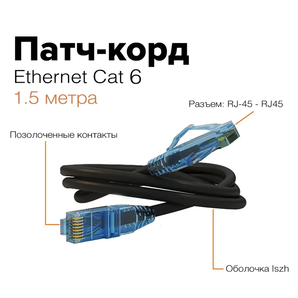 Патч-корд Hyperline U/UTP Cat.6 LSZH 1.5 м черный