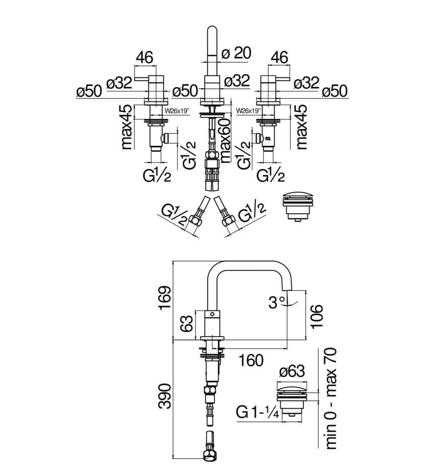 Латунный смеситель для раковины с 3 отверстиями Nobili Velis ARCH-00079436 - Вид №6