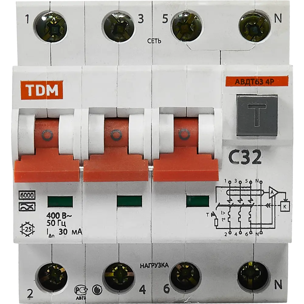 Дифференциальный автомат TDM Electric АВДТ63 3P N - защита от токов утечки 30 мА 84399461 STLM-1110290 - Вид №1