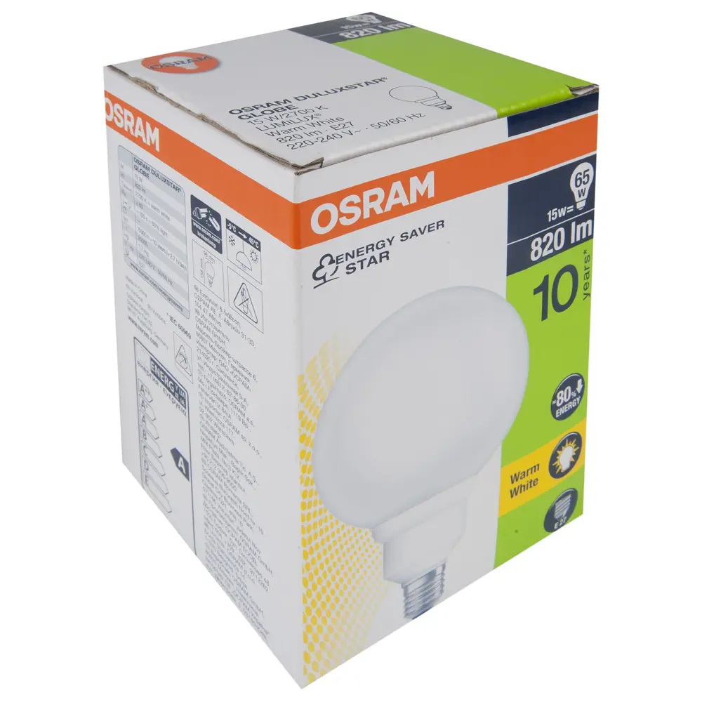 Лампа энергосберегающая Osram сфера E27 15 Вт 820 Лм свет тёплый белый STLM-2055087 - Вид №1