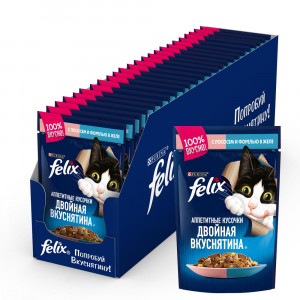 ПР0036734*24 Корм для кошек Аппетитные кусочки. Двойная вкуснятина с лососем и форелью в желе, пауч 85 г (упаковка - 24 шт) FELIX