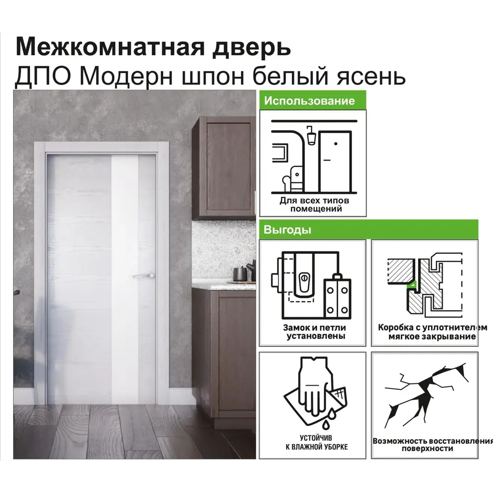Дверь межкомнатная Модерн остеклённая шпон натуральный цвет белый ясень 80x200 см (с замком и петлями) 81933446 STLM-2209455 Santreyd  - Вид №6