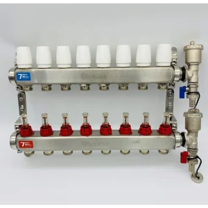 Коллектор Vieir на 8 выходов 1"x3/4" с расходомерами и концевиками без кранов нержавеющая сталь