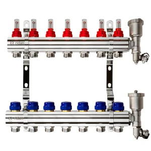 Коллектор Ридан на 7 выходов 1"x3/4" расходомерами кронштейнами и воздухоотводчиками латунь