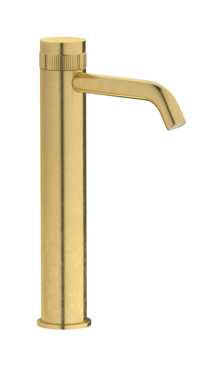 Высокий монорычажный прогрессивный смеситель на раковину в комплекте с донным клапаном. WE ARE IB rx202on Natural Brass Reflex