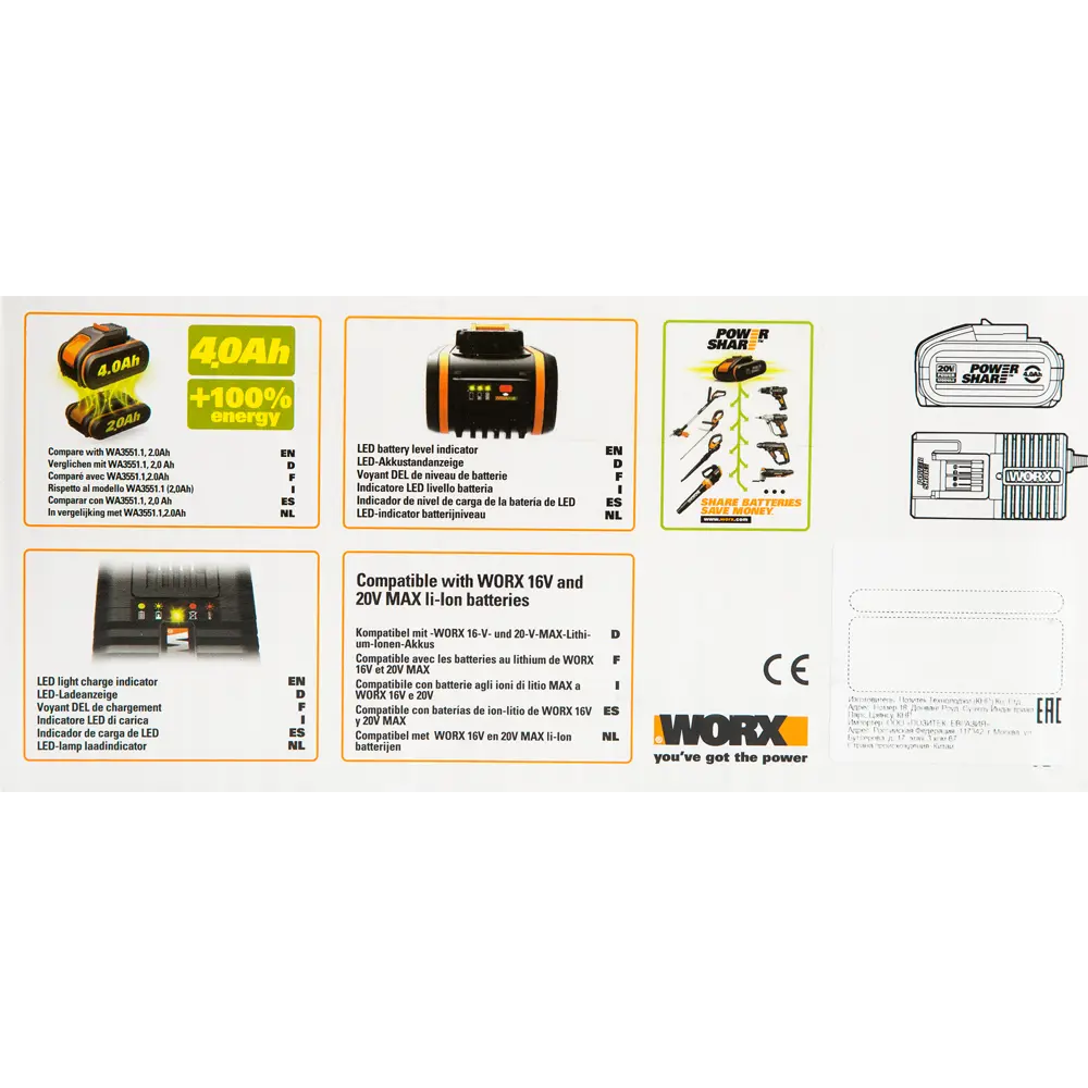 Зарядное устройство Worx 3604, батарея 20 В Li-ion 4 Ач STLM-2059718 - Вид №4