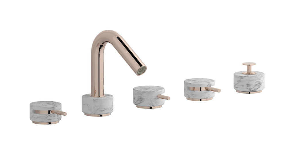 Смеситель на бортик ванной на 5 отверстий с дивертером и душевым гарнитуром. WE ARE IB mr396rs_1 Rose Gold Marmo