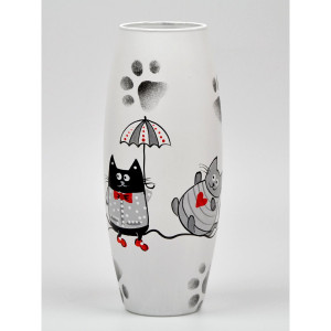 Ваза Коты под зонтом, стекло, цвет черный, белый 25 см, ручная роспись БЕЗ БРЕНДА