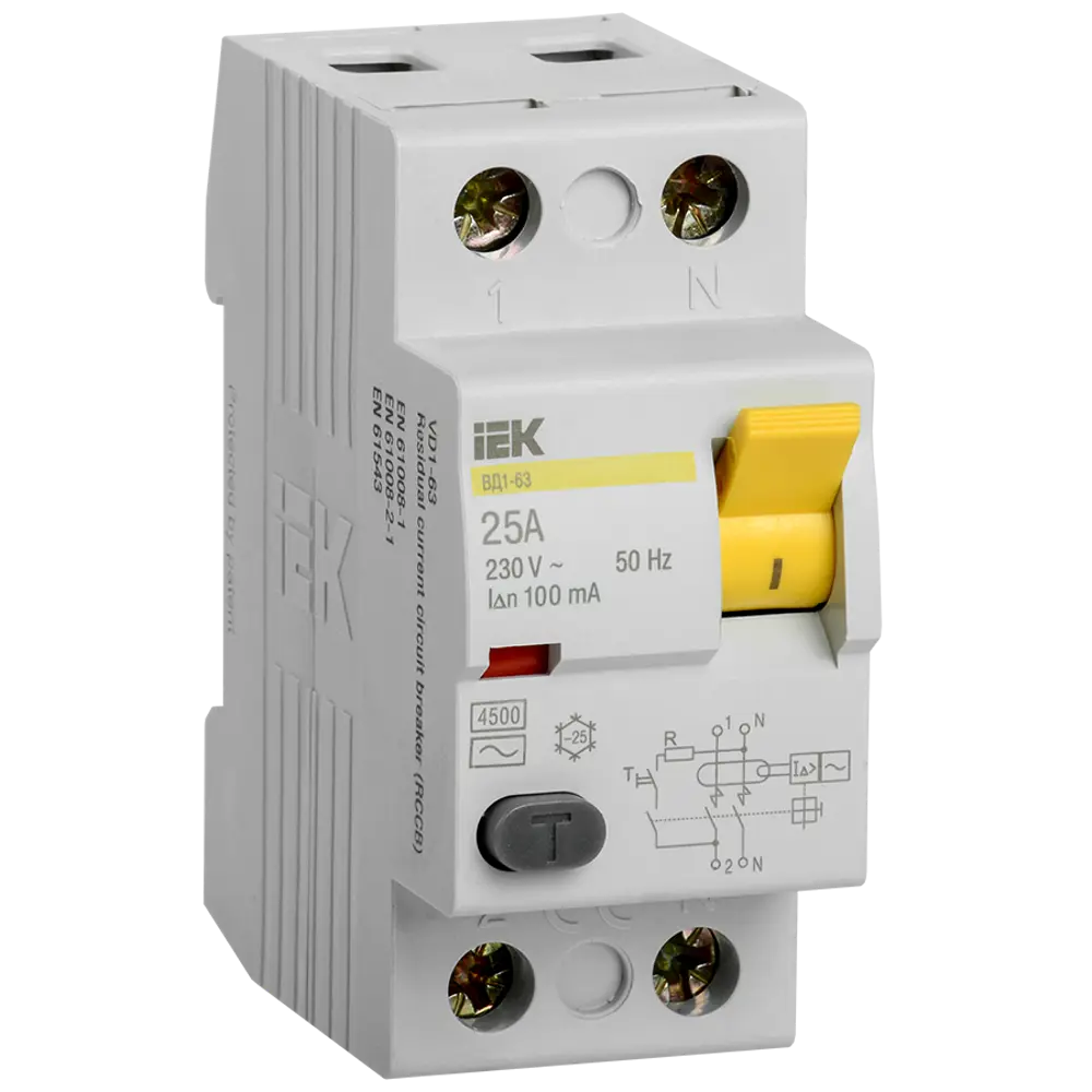 УЗО IEK ВД1-63 2Р 25 А 100 мА 4.5 кА AC MDV10-2-025-100 STLM-2195842 - Вид №1