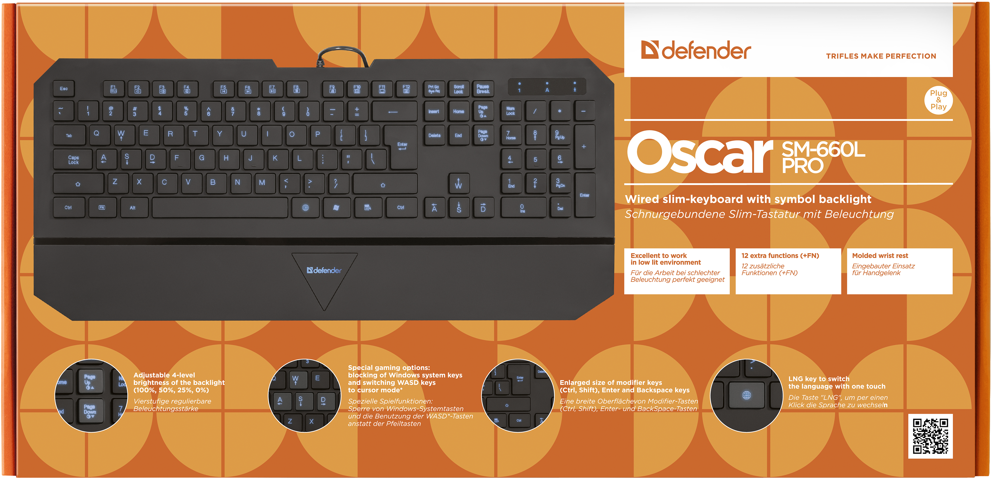 45662 проводная клавиатура oscar sm-660l pro ru,черный,4 уровня подсветки usb Defender Santreyd  - Вид №1