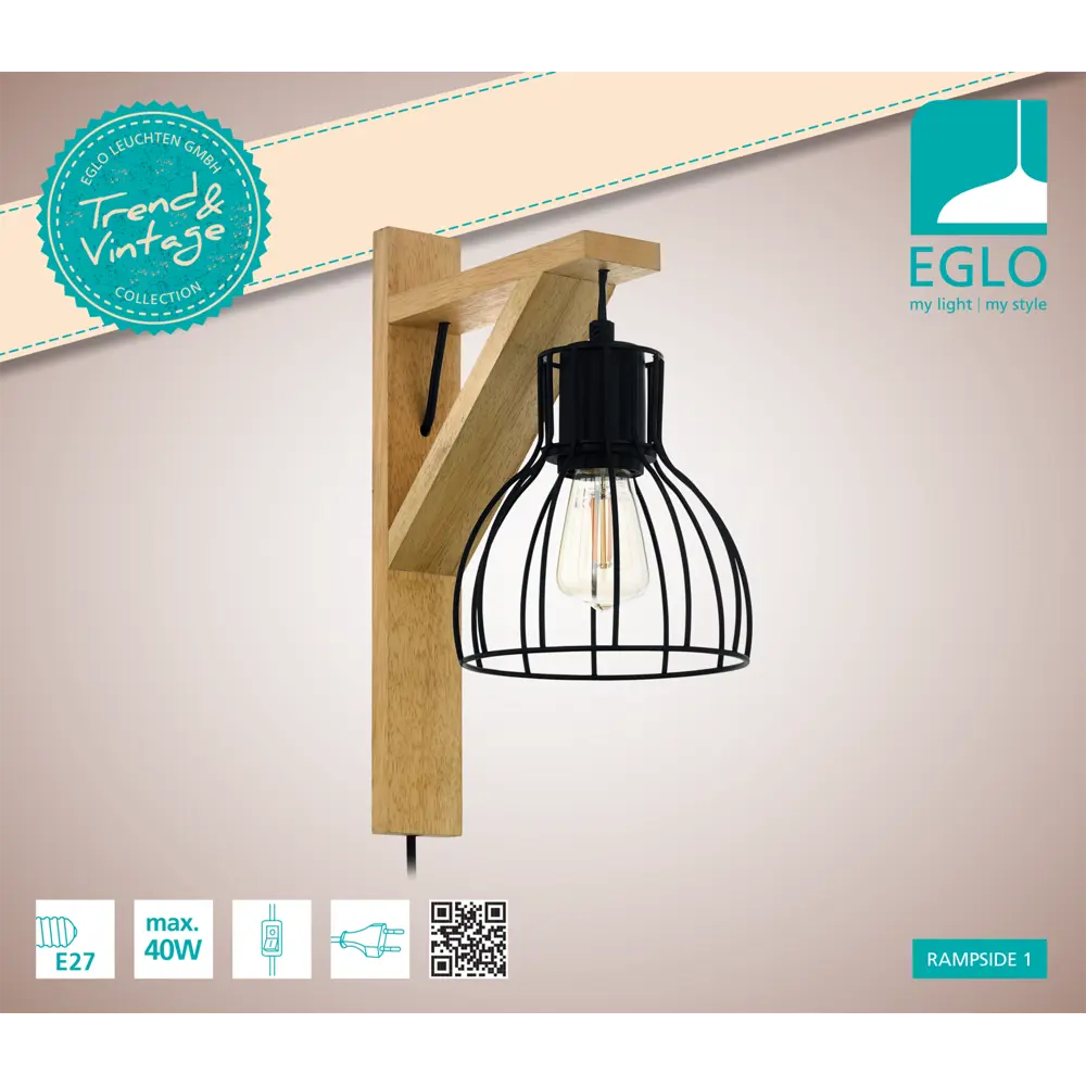 Настенный светильник Eglo Rampside E27 40 Вт, цвет коричневый-черный STLM-2004394 - Вид №3