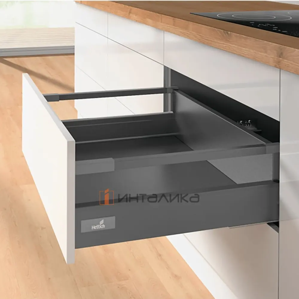 Комплект фурнитуры ящика Hettich InnoTech Atira Quadro 25 с доводчиком Silent System частичное выдвижение 470X144 мм с релингом антрацит