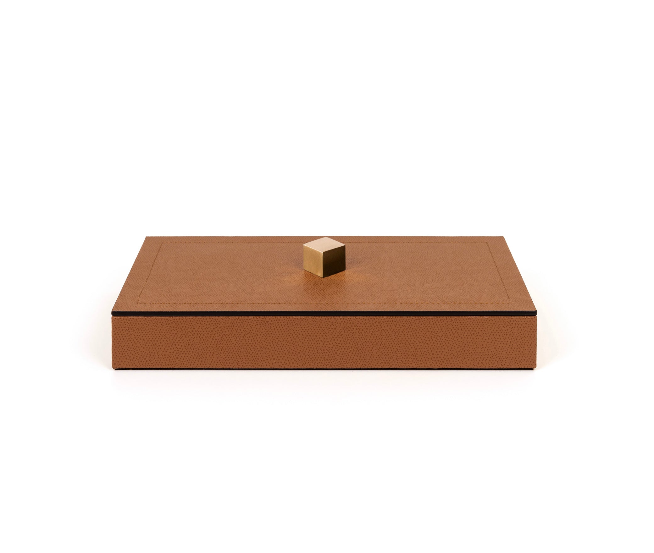 Коробка Kate - 27X15XH4,5 см / металлическая отделка_сатинированная латунь / плетеная кожа_серо-коричневый