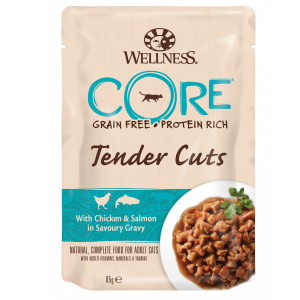 ПР0044885 Корм для кошек Core Tender Cuts нежные кусочки курицы и лосося в пикантном соусе пауч 85г Wellness