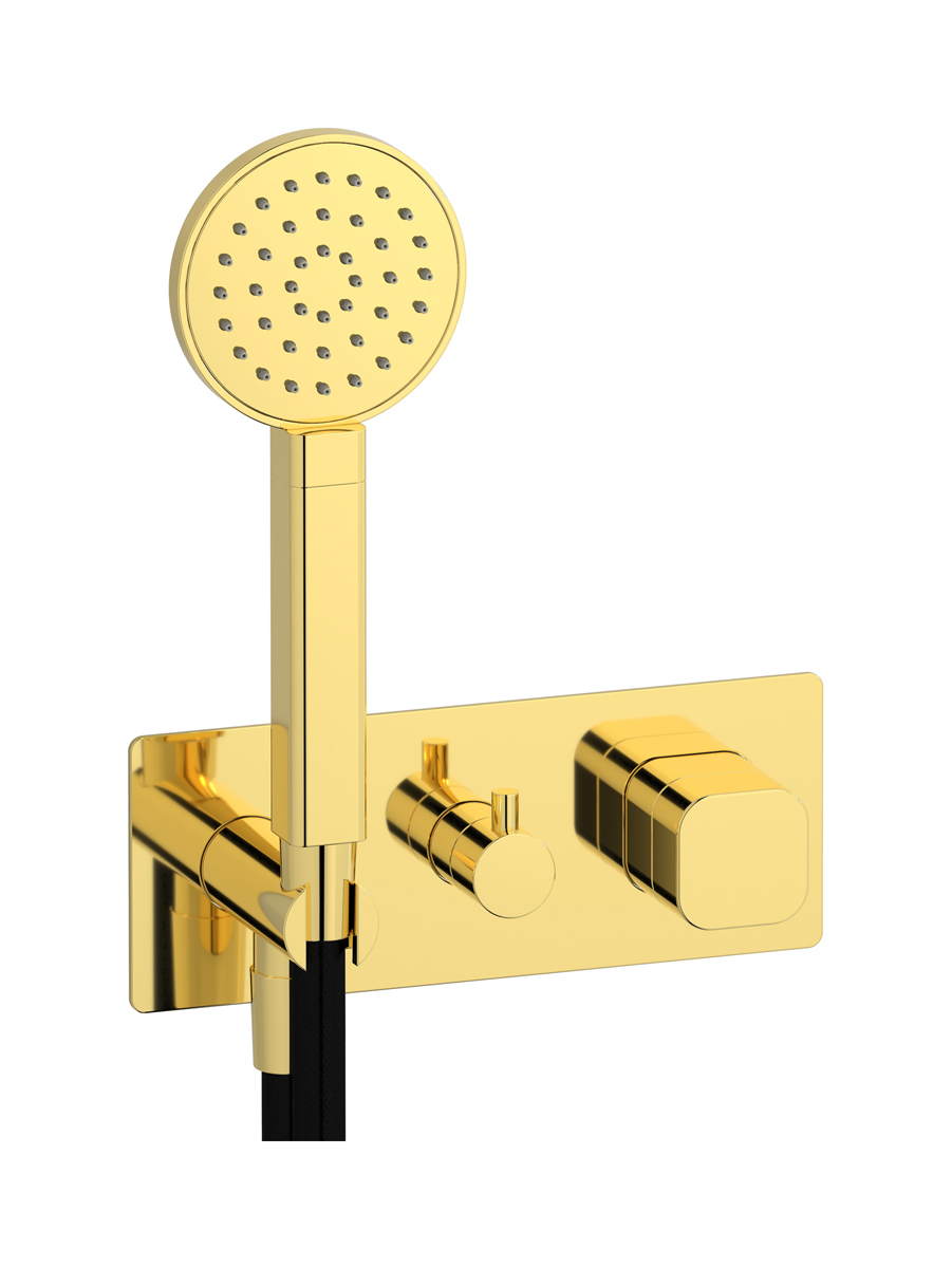 Прогрессивный настенный смеситель для душа на 2 потребителя со встроенным душевым гарнитуром. WE ARE IB eo313oo_1 Gold Elio