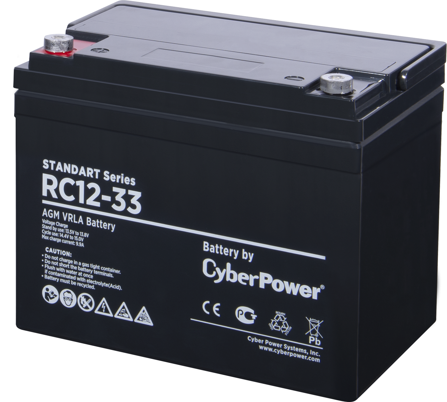 RC 12-33 Battery standart series rс 12-33, voltage 12v, capacity (discharge 20 h) 33ah, max. discharge current (5 sec) 330a, max. charge current 9.9a, lead-acid type agm, terminals under bolt m6, lxwxh 197x130x159mm., full height with terminals 170mm., we Santreyd  - Вид №1