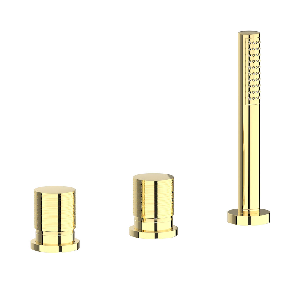 Смеситель на бортик ванной на 3 отверстия с изливом, дивертером и душевым гарнитуром. WE ARE IB vn220os Pale Gold Vinile