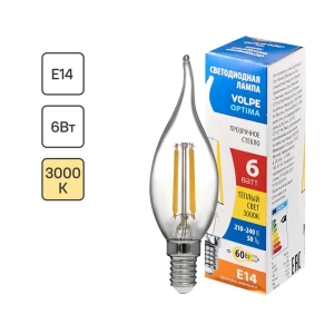Лампа светодиодная Volpe LEDF E14 220-240 В 6 Вт свеча на ветру прозрачная 600 лм теплый белый свет