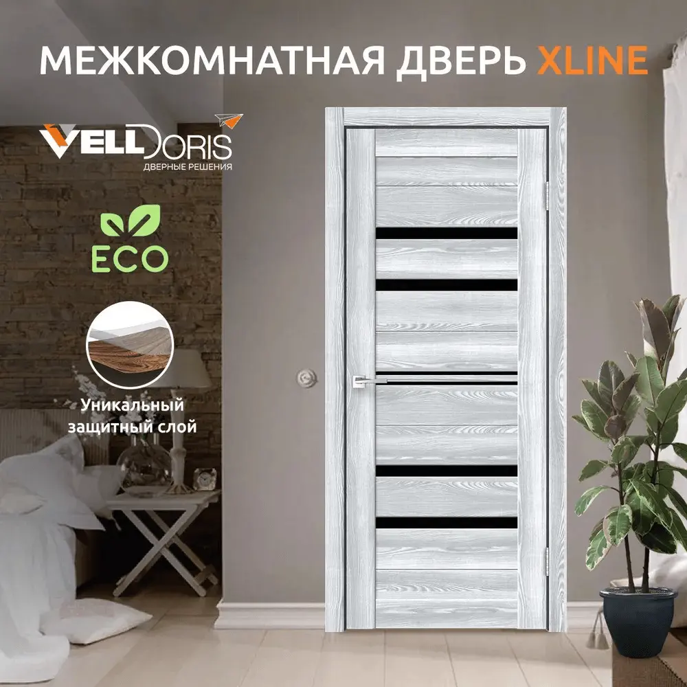 Межкомнатная дверь Velldoris остеклённая без замка и петель в комплекте Xline 6 200х90см клён айс