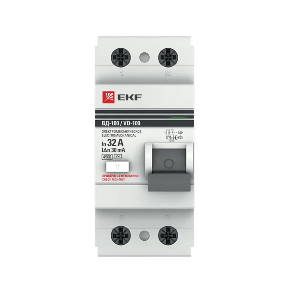 УЗО EKF ВД-100 2P 32 А 30 мА 4.5 кА АС elcb-2-32-30-em-pro STLM-2170663 - Вид №1