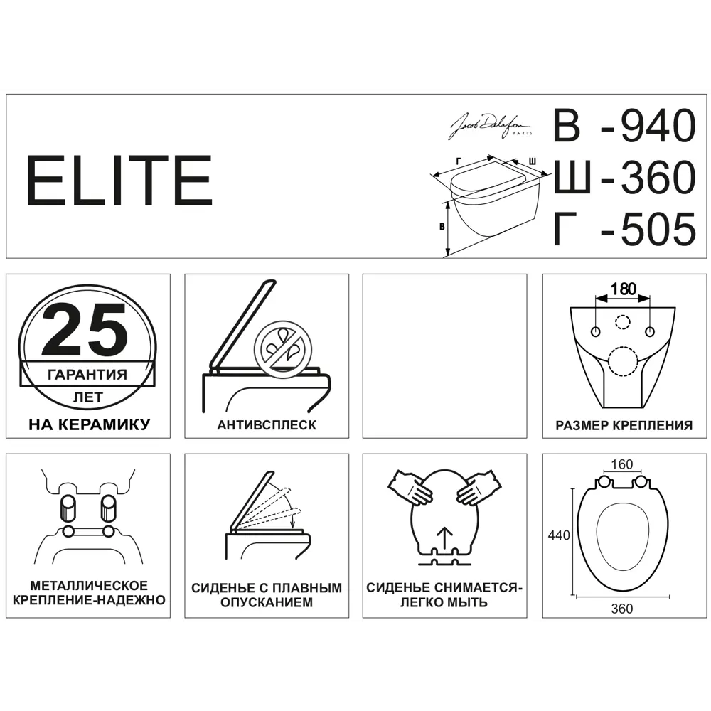 Унитаз подвесной Jacob Delafon Elite безободковый с сиденьем микролифт STLM-2145855 - Вид №5