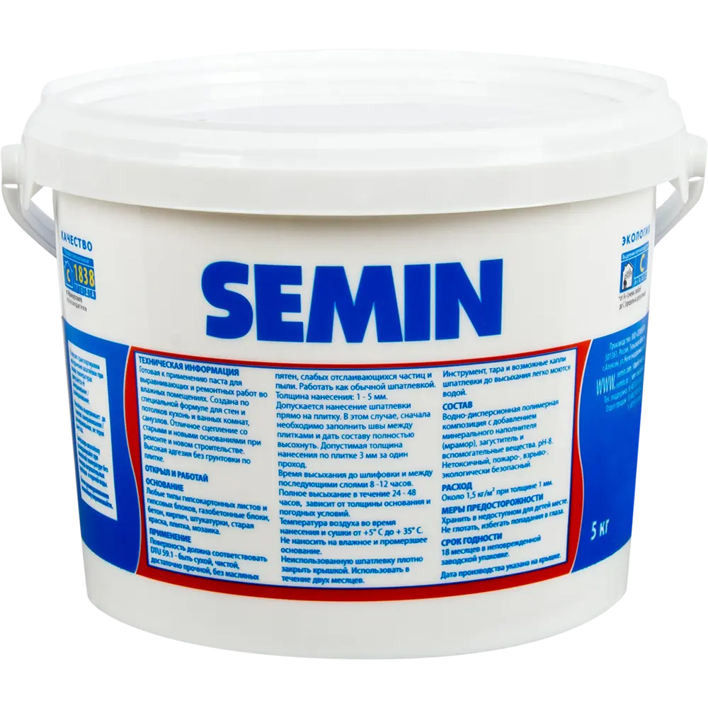 Шпаклёвка влагостойкая выравнивающая Semin 5 кг STLM-2182358 - Вид №1