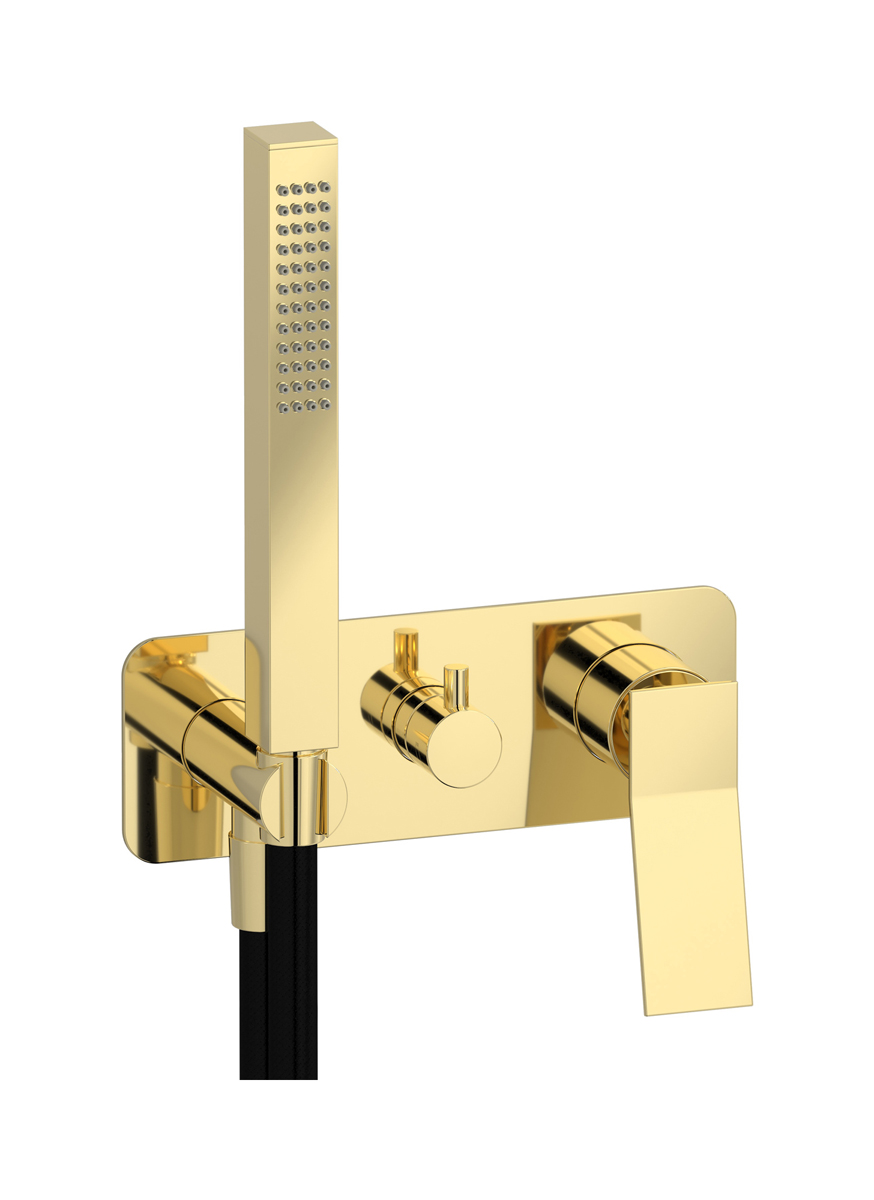 Внешние части встроенного в стену смесителя на 2 потребителя в комплекте с душевым гарнитуром. WE ARE IB wa200rs Pale Gold Wave