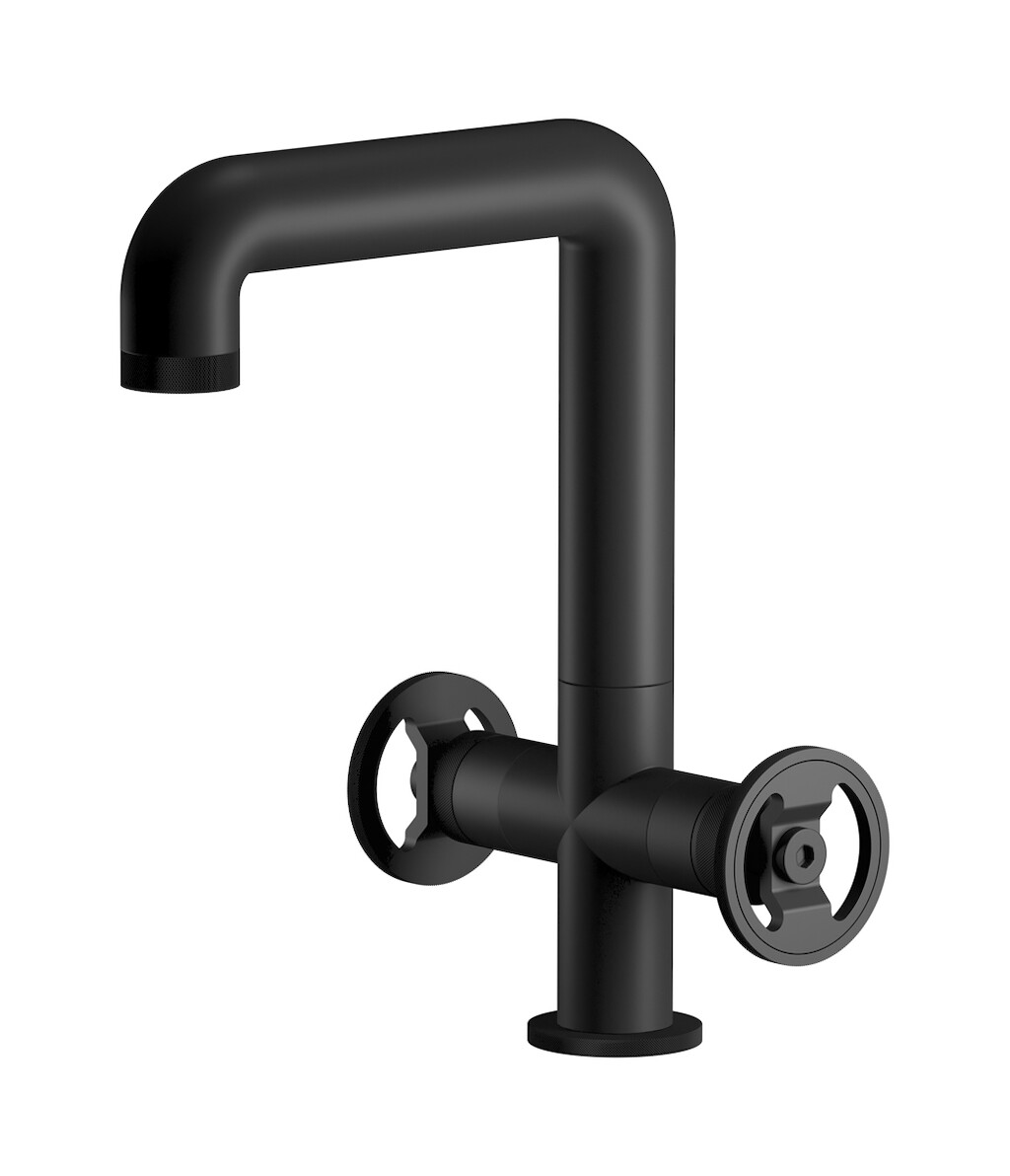 Смеситель для раковины на 1 отверстие с 2 ручками в комплекте с донным клапаном. WE ARE IB b1205np Matt Black Bold