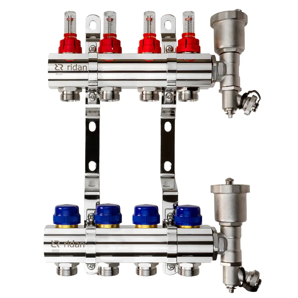 Коллектор Ридан на 4 выхода 1"x3/4" расходомерами кронштейнами и воздухоотводчиками латунь