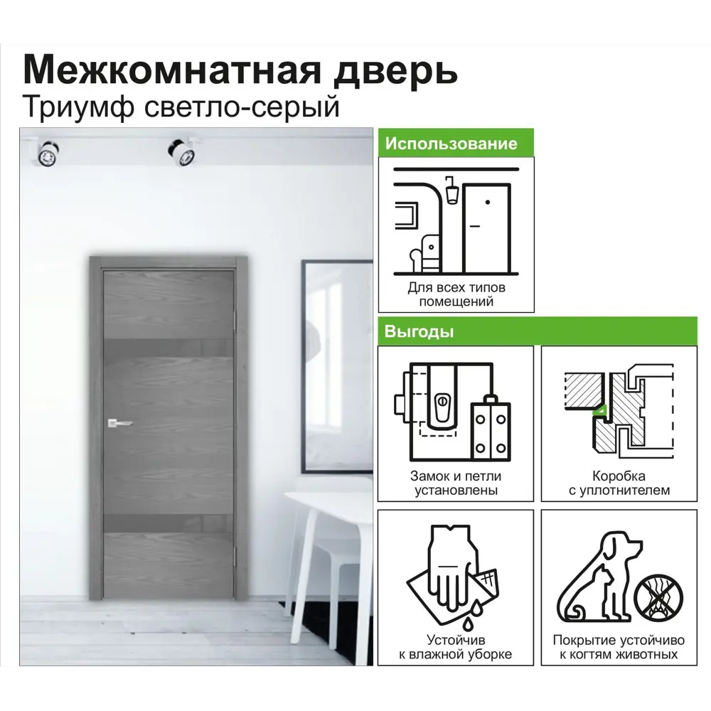 Дверь межкомнатная остеклённая с замком в комплекте Триумф 200x60 см ПВХ цвет серый CASAPORTE STLM-2061696 - Вид №1