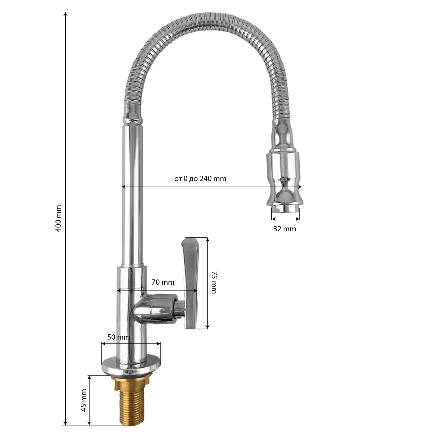 GFmark - Кран на одну воду м/к, гибкий излив, корпус 100% ЛАТУНЬ, код: 8601  - Вид №5