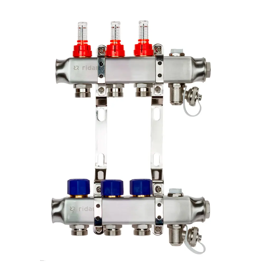 Коллектор Ридан на 3 выхода 1"x3/4" с расходомерами и кронштейнами нержавеющая сталь