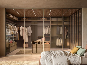 Модульная деревянная и стеклянная гардеробная со встроенным освещением