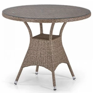 Плетеный стол круглый искусственный ротанг, стеклянная столешница, темно-коричневый диаметр 90 см AFINA  241132 Коричневый