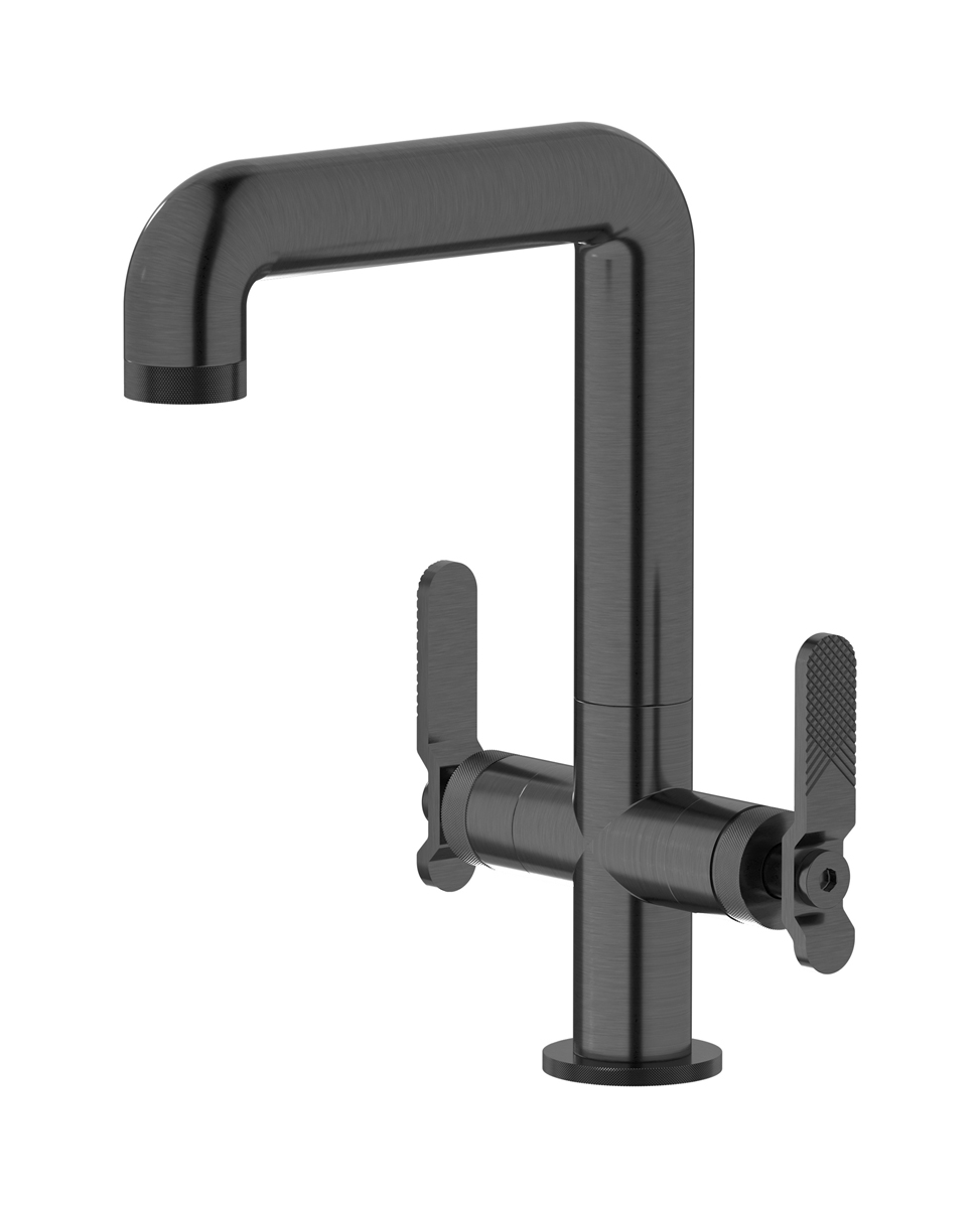 Смеситель для раковины на 1 отверстие с 2 ручками в комплекте с донным клапаном. WE ARE IB b2205cs Brushed Black Chrome Bold