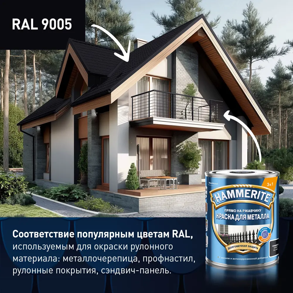 Грунт-эмаль 3 в 1 Hammerite глянцевая цвет черный RAL9005 5 л STLM-2092684 - Вид №6