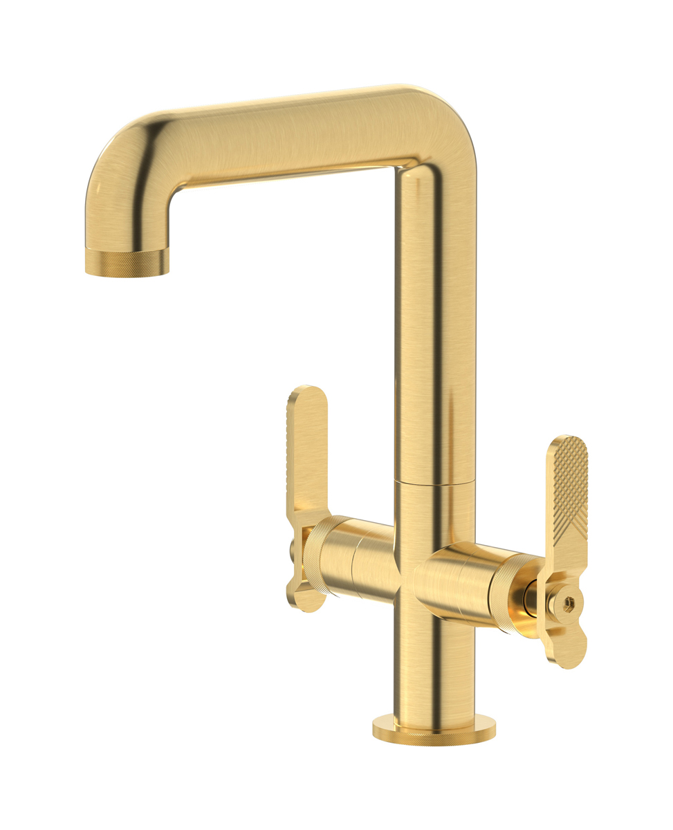 Смеситель для раковины на 1 отверстие с 2 ручками в комплекте с донным клапаном. WE ARE IB b2205os Brushed Gold Bold