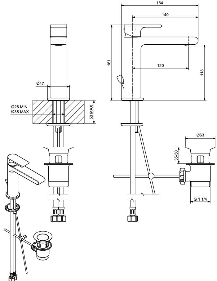 Однорычажный смеситель для раковины с автоматическим сливом Bugnatese Simple ARCH-00015803 - Вид №2