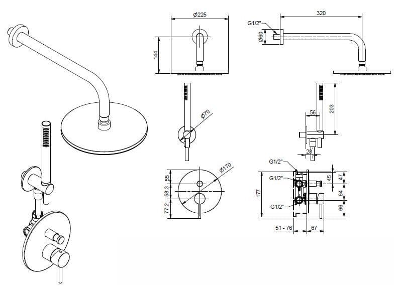 Хромированный латунный смеситель для душа с переключателем Bugnatese K-Line ARCH-00002007 - Вид №1