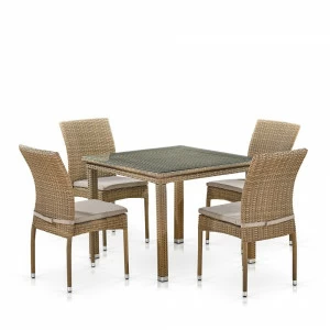 Мебель из ротанга, квадратный стол и стулья без подлокотников, коричневые на 4 персоны AFINA  00-3860478 Коричневый