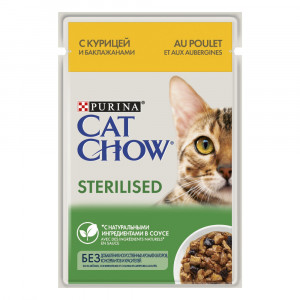 ПР0049782 Корм для кошек для стерилизованных и кастрированных, курица и баклажаны в соусе, пауч 85 г Cat Chow
