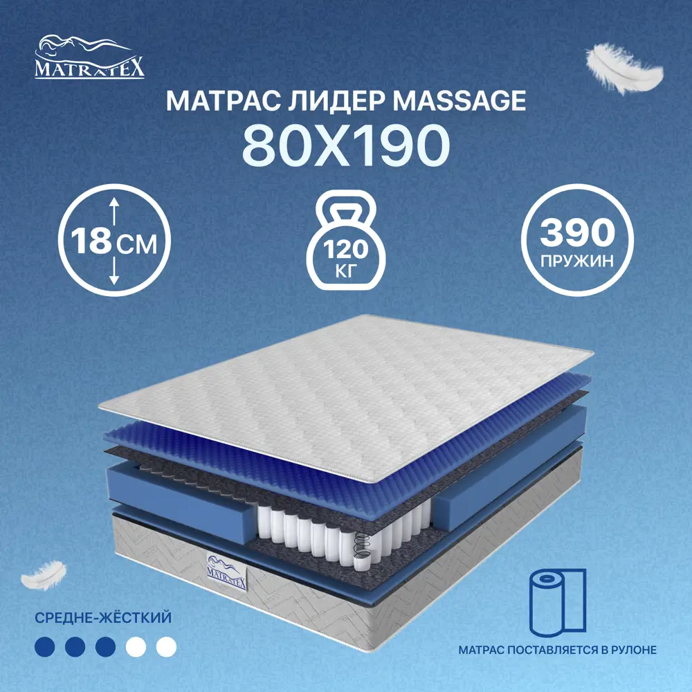 Матрас Matratex Лидер Massage 80x190 см, независимый пружинный блок, односпальный