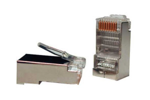 15559901 Экранированный универсальный разъем PLUG-8P8C-U-C5-SH-100 RJ-458P8C под витую пару, категория 5e, 50 микродюймов, для одножильного и многожильного кабеля Hyperline