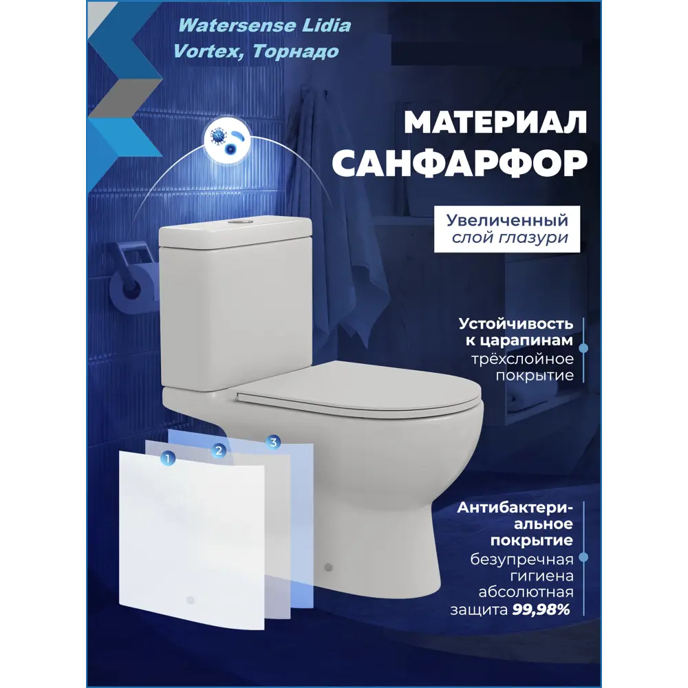 Унитаз-компакт Watersense Lidiavortex безободковый торнадо сиденье с микролифтом двойной смыв 89457943 STLM-2057891 - Вид №7