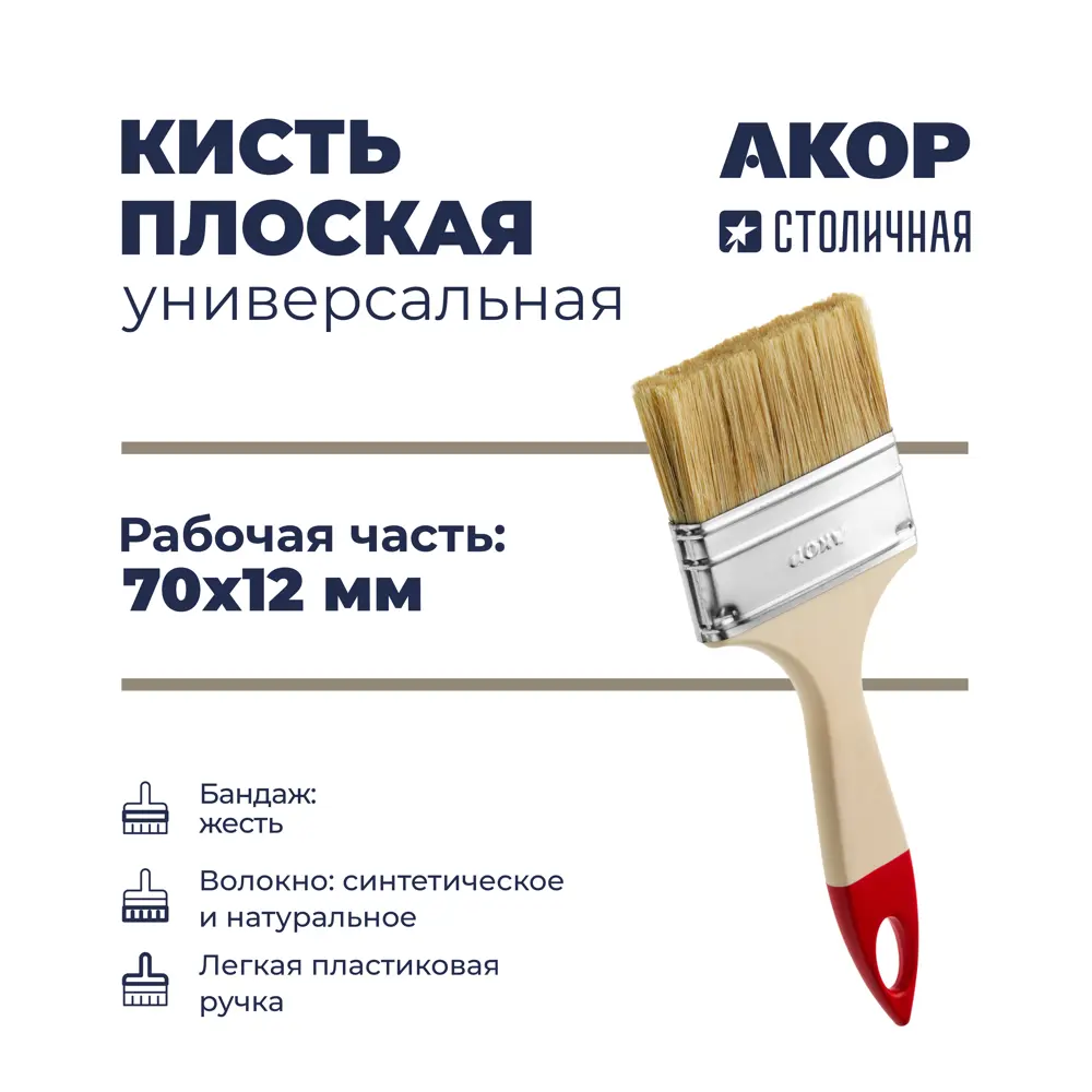 Кисть плоская 70 мм Акор Стандарт Столичная синтетическая щетина 89441860 STLM-2193316  - Вид №2