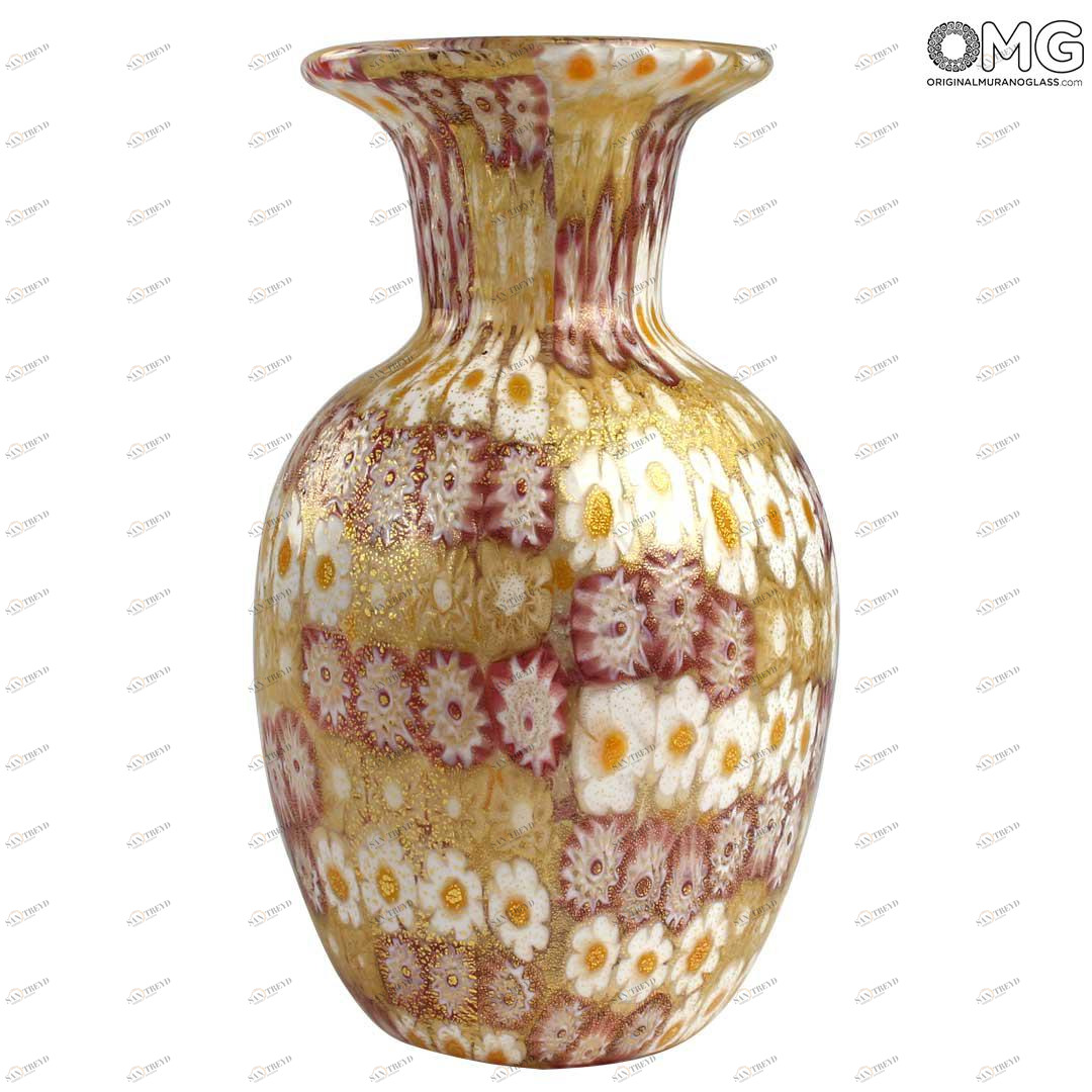 4307 ORIGINALMURANOGLASS Ваза миллефиори красная с золотом из муранского стекла - муранское стеклоs OMG 11 см 