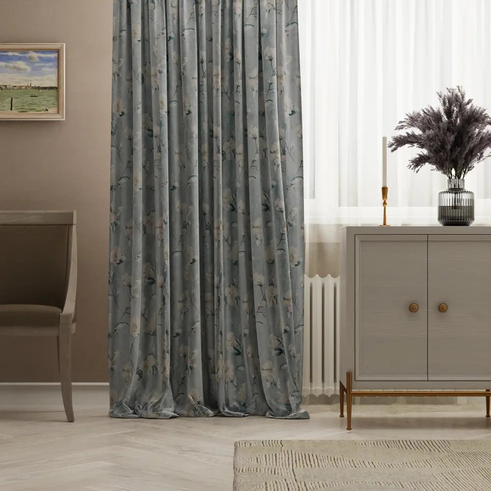Штора на ленте Бархат 160x260 см полиэстер цветы цвет голубой AMORE MIO STLM-2162042